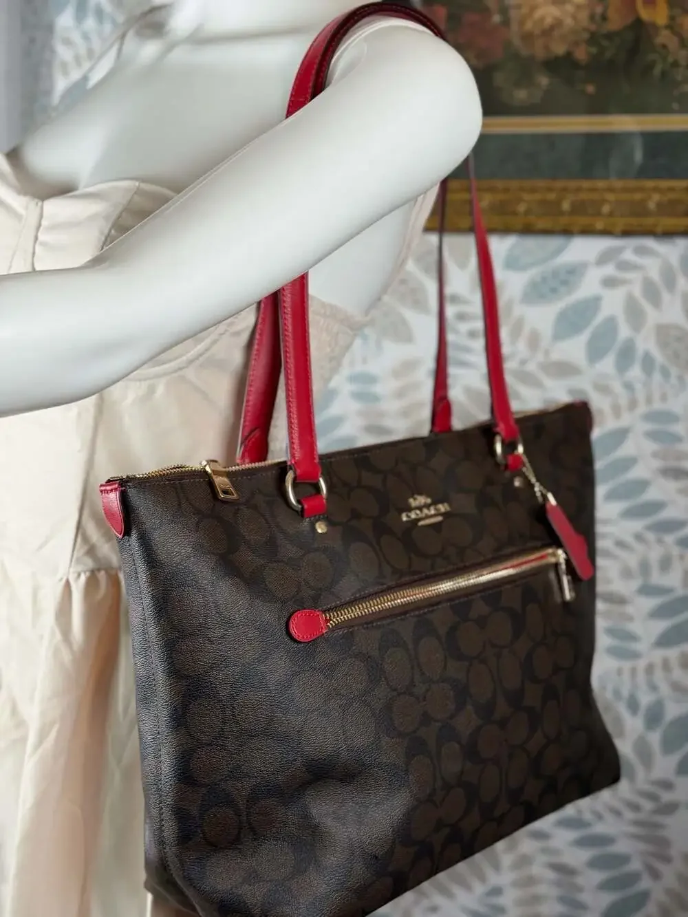 Coach Gallery Tote in Signature Canvas with Red Leather Trim